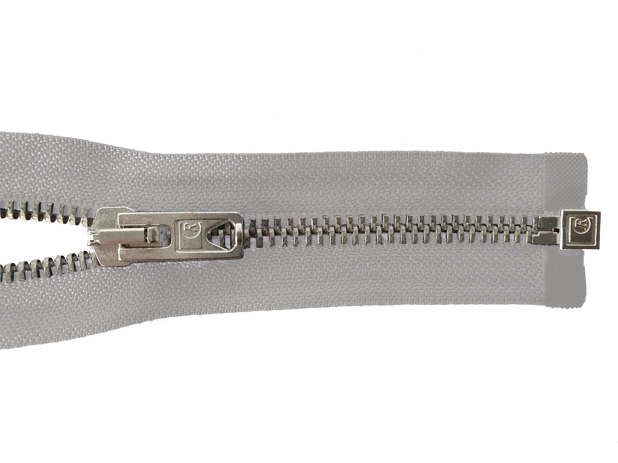Reißverschluss 80cm, teilbar, Metall silberf. breit, hellgrau, hochwertiger Marken-Reißverschluss von Rubi/Barcelona