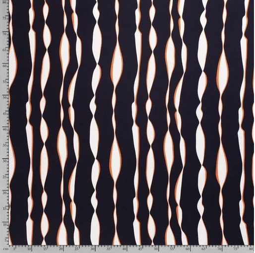 Viscose gewebt, weich fließend Wallpaper-Stripes verschnörkelt, nachtbalu/weiß/orange, 100% VI, ca. 145cm breit,  120g/m²    