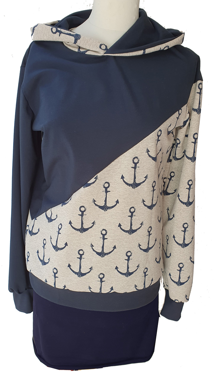 French Terry, meliert , Anker groß, hellbeige/dunkelblau ,92%CO, 8% EL, ca. 150cm breit, 250 g/m², Öko-Tex-zertifiziert 