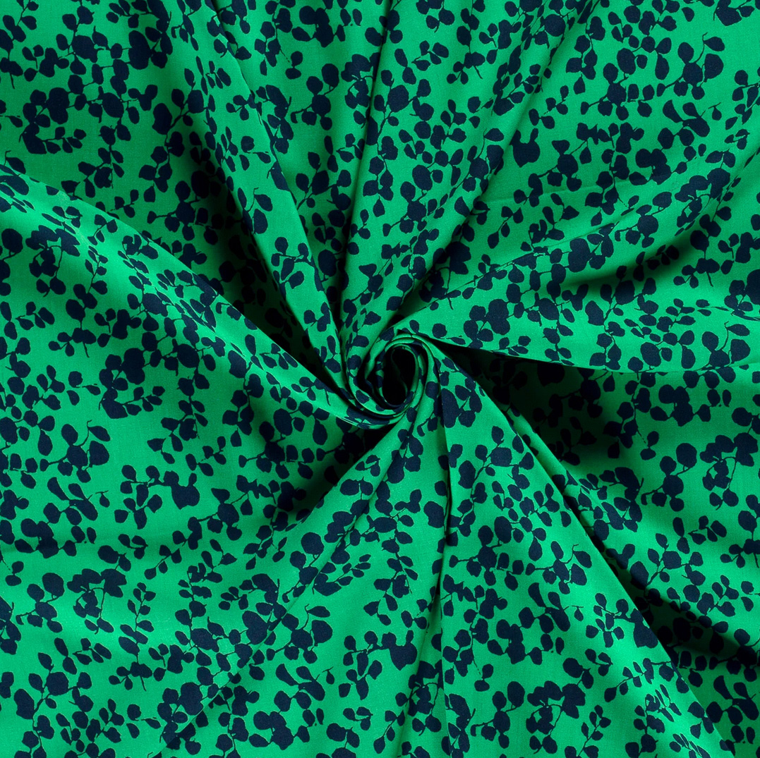 Viskose-Bambus-Gewebe fließend, grün/d.blau Zweige 100% Bambus-Vi, 145cm breit, 130 g/m²