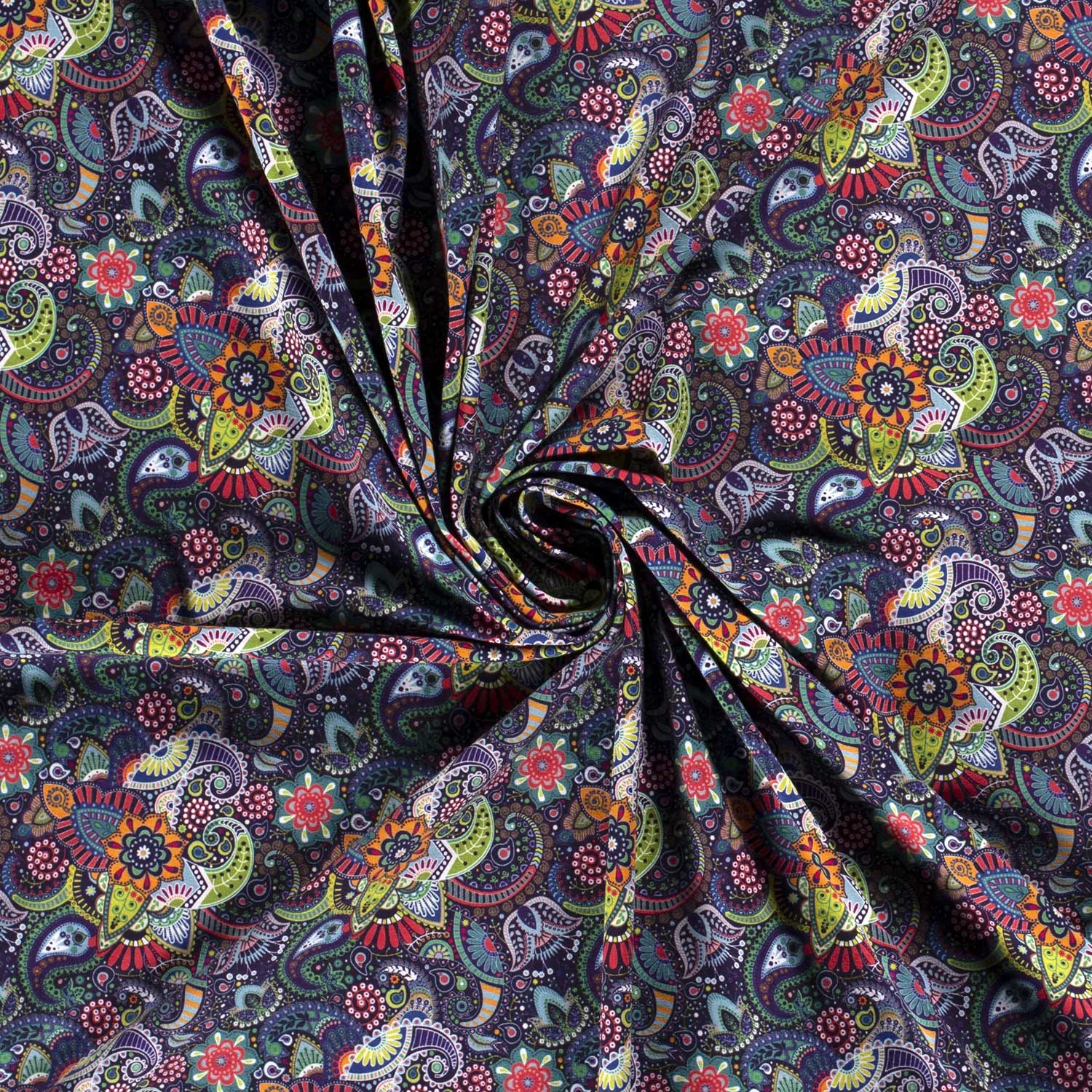 Jersey, Baumwolle Paisley marine/orange, 95%Co, 5% EL, ca. 150cm breit, 200 g/m², Öko-Tex-zertifiziert