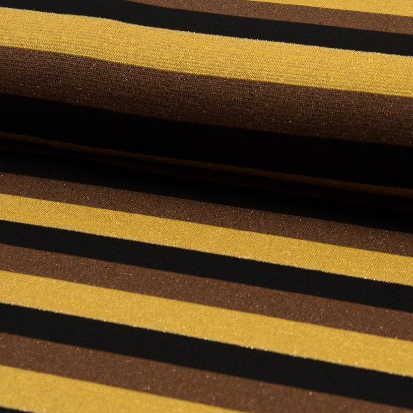 Viscose-Lurex-Strick, Sparkling-Stripes, schwarz/dunkelgold/braun, 87%VI, 8%LUX, 5% EL ca.145-150cm breit, 220 g/m²     