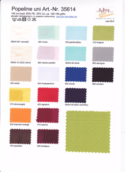 Poplin, printed color chart with 1 original sample