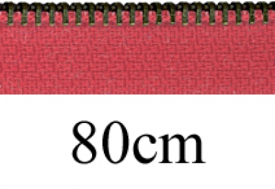 zipper 80cm,divisible, metal, old brass, slim, signal red