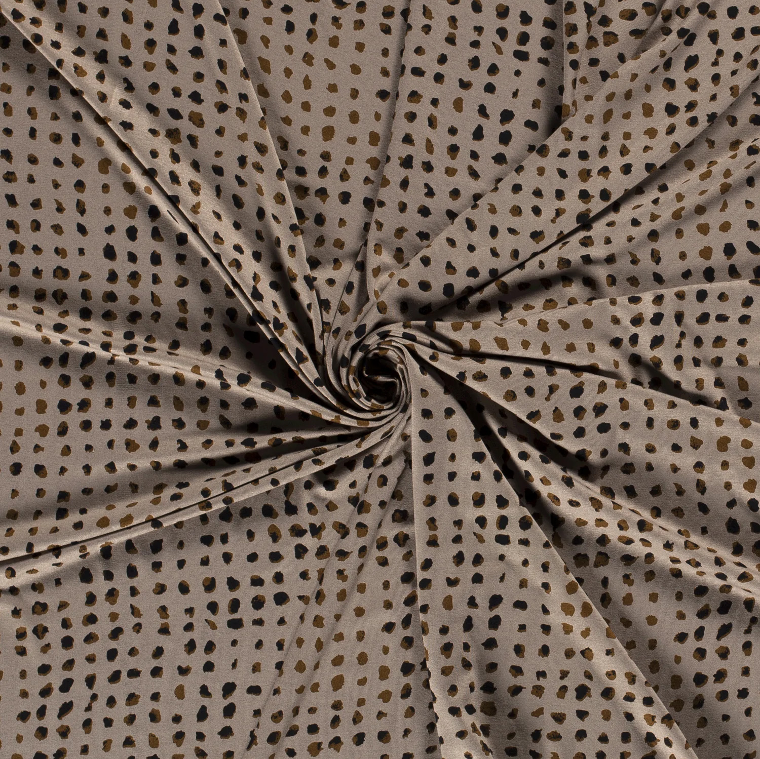 Jersey khaki mit Punkten Kaffeetöne, 45%VI, 55%PES, ca.155cm breit, 240g/m², Öko-Tex-zertifiziert 