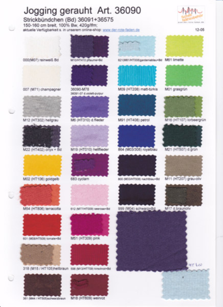 Sweat fabric, printed color chart with 1 original sample