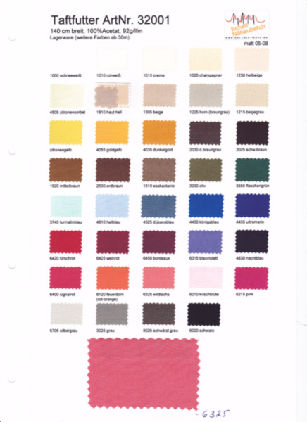 Tafeta lining printed color chart with 1 original sample