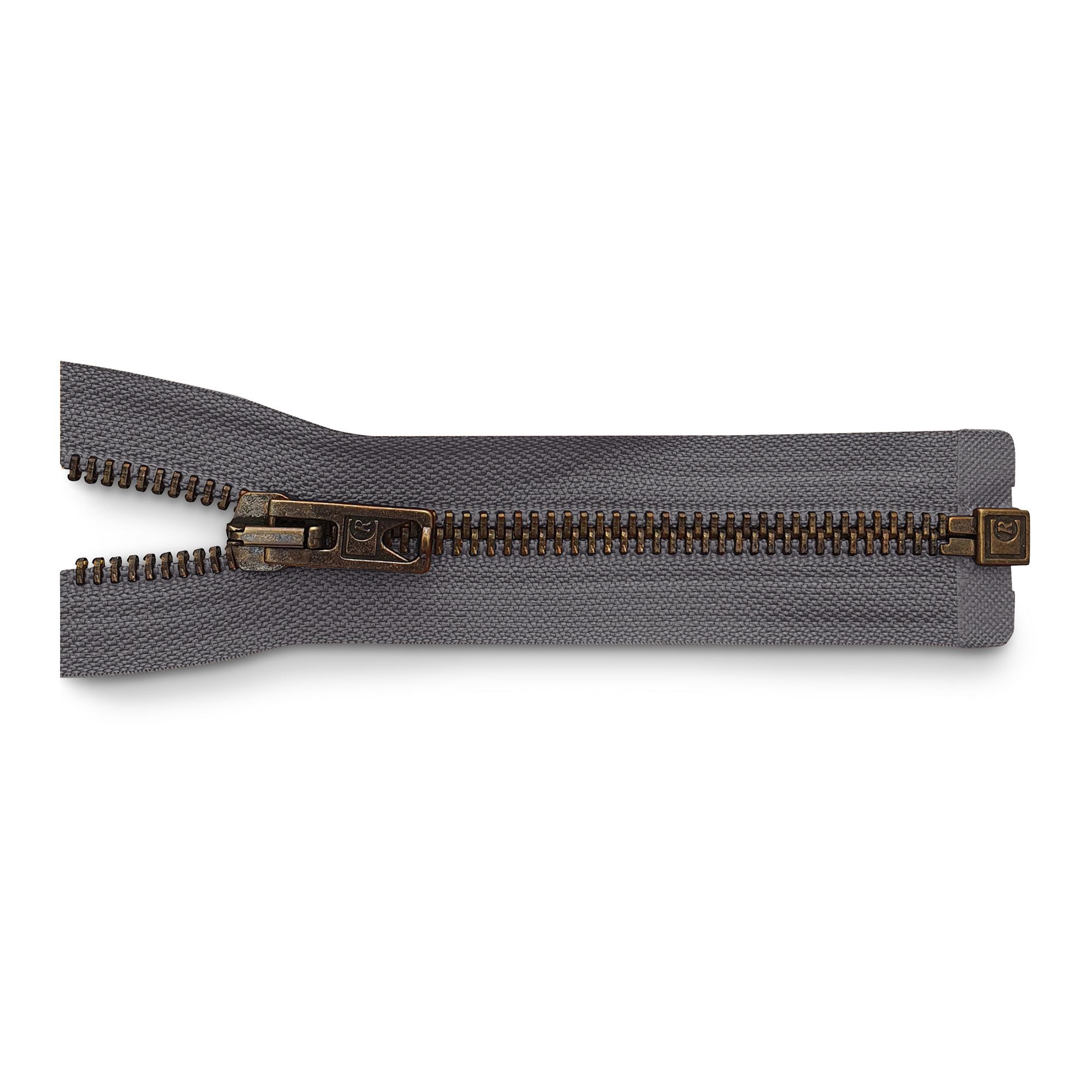 zipper 80cm,divisible, metal, old brass, wide, dark grey