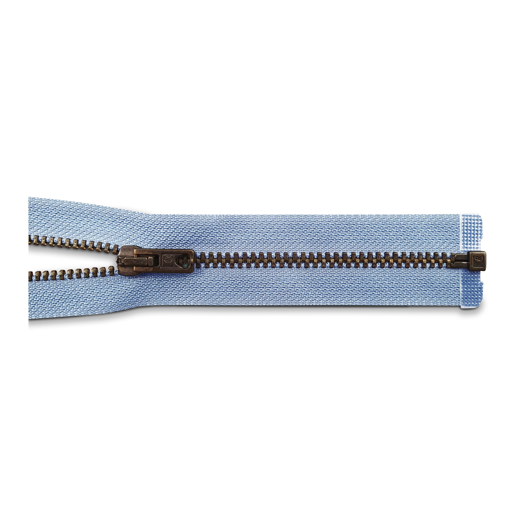 zipper 80cm,divisible, metal, old brass, slim, light blue