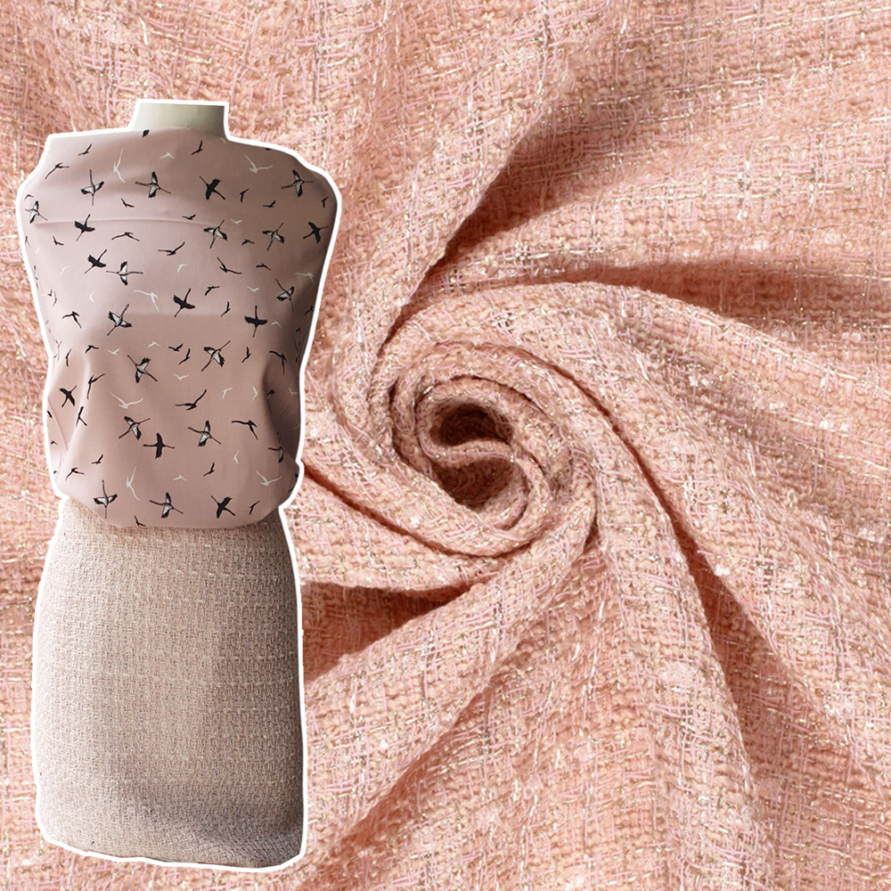 Tweed / Bouclé mit Lurex, lachsfarben, 100% PES, ca. 150cm breit, 395 g/m², Öko-Tex-zertifiziert 