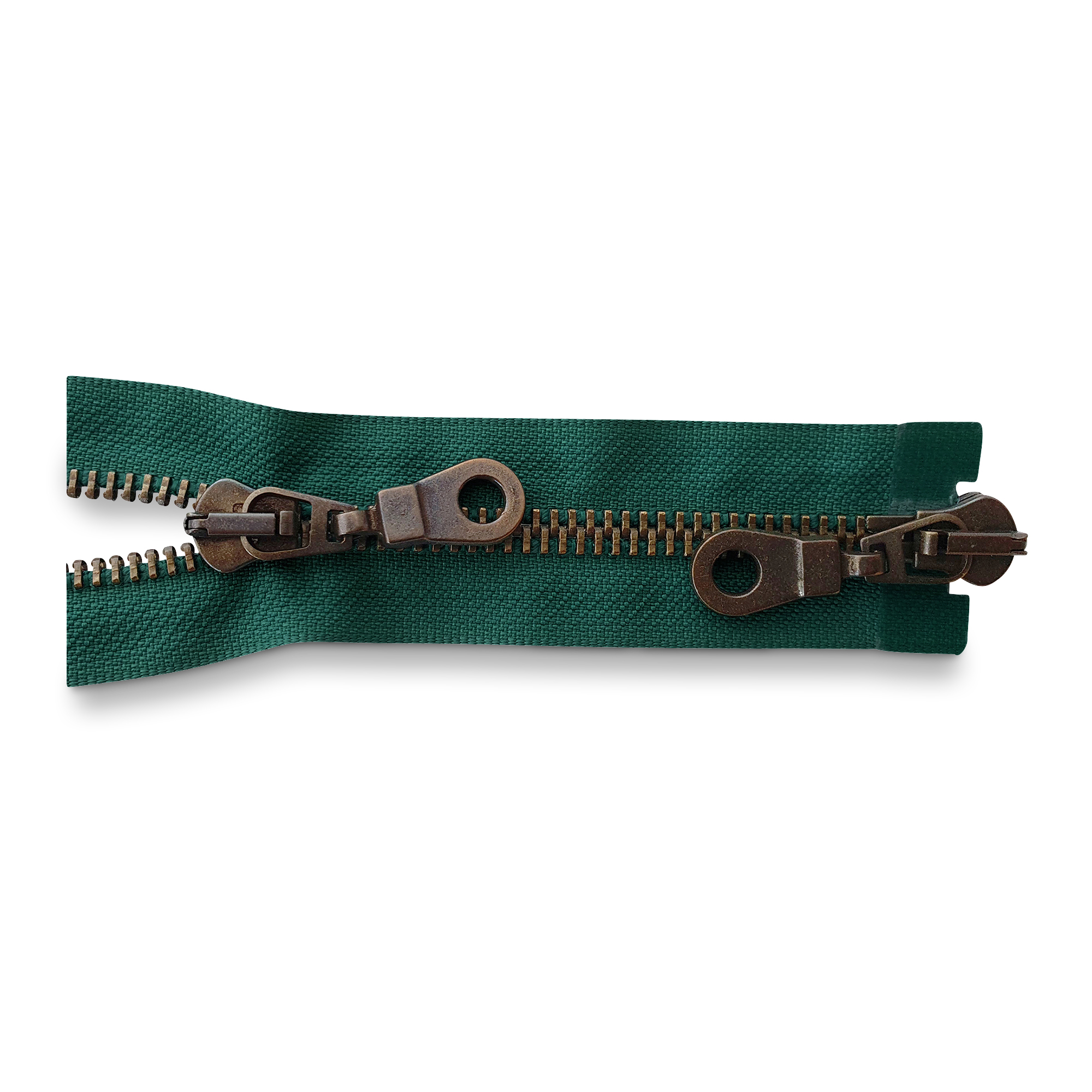 zipper 100cm,  divisible, 2way, metal, old brass, wide, british racing green